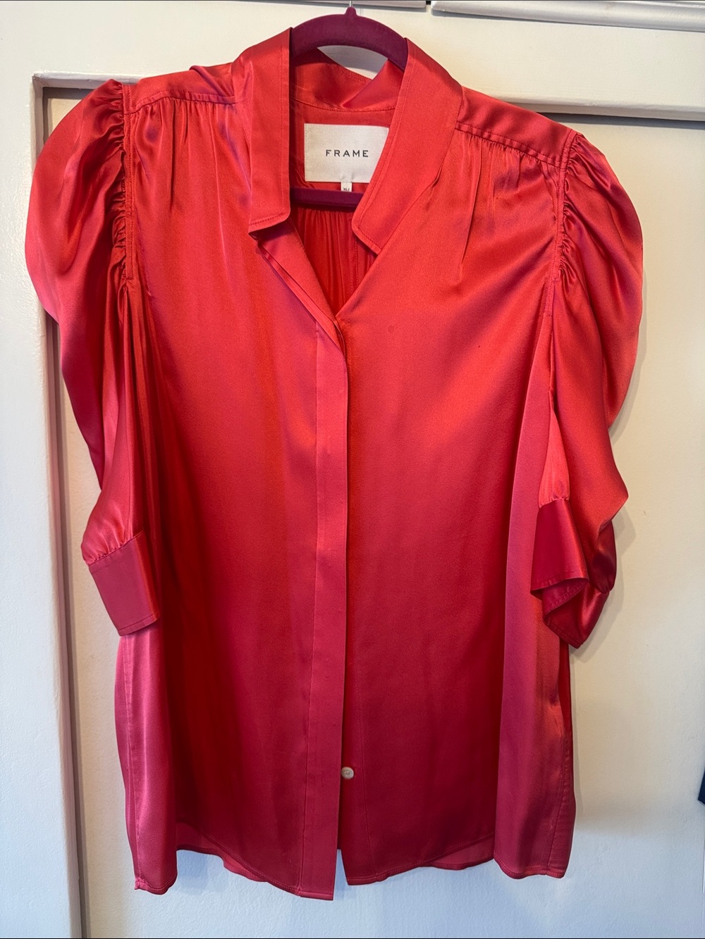 Frame Coral Red Silk Puff-Sleeve Blouse